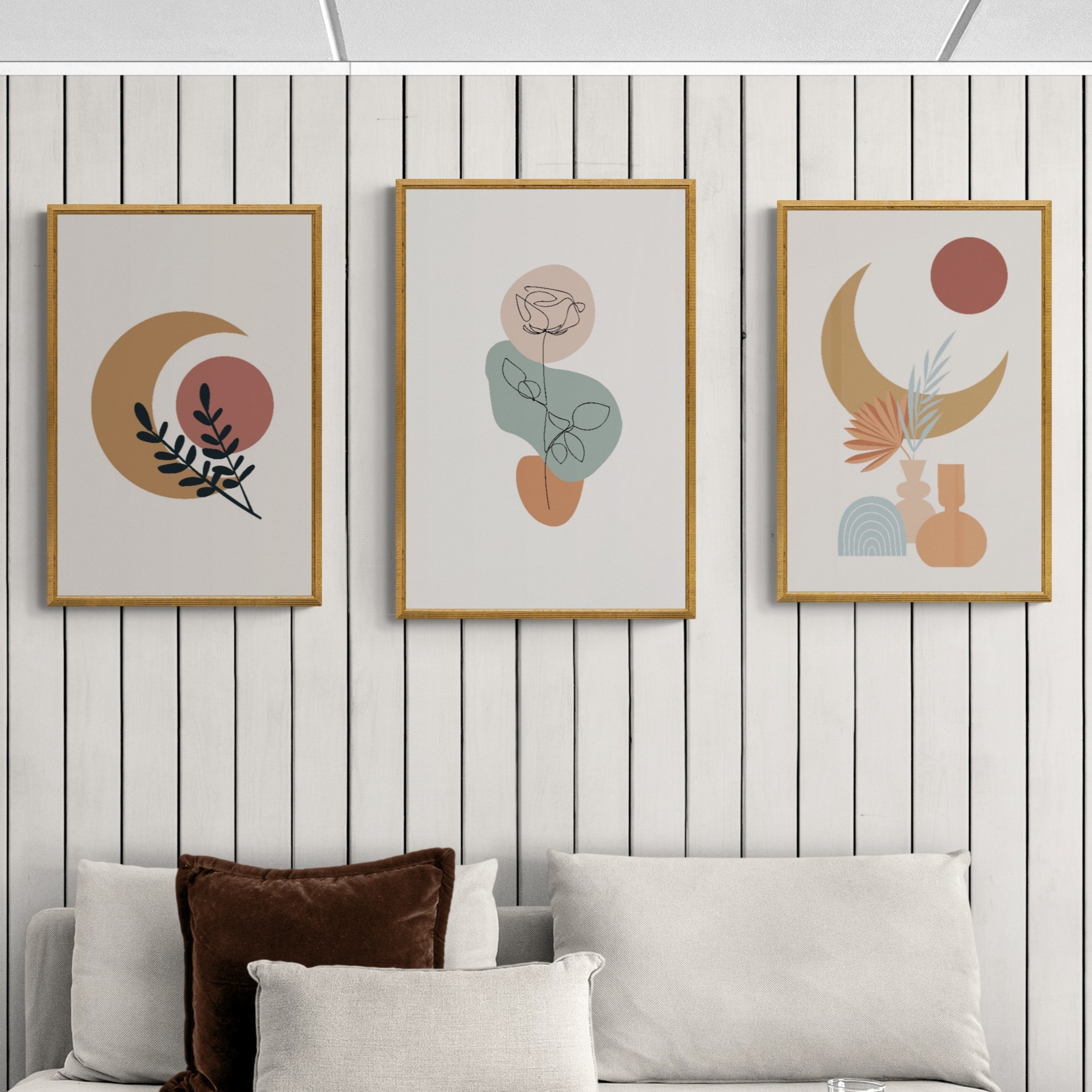Combo 3 tranh canvas boho treo tường hoa và ánh trăng