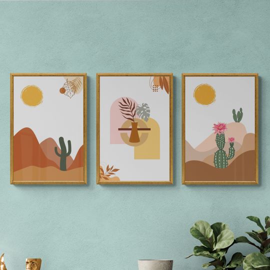 Combo 3 tranh canvas boho treo tường xương rồng trên núi