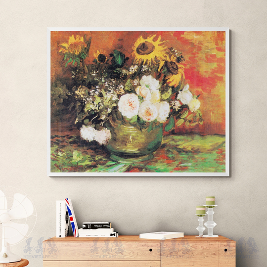Tranh Canvas Van Gogh Bowl With Sunflowers Roses And Other Flowers (1886)