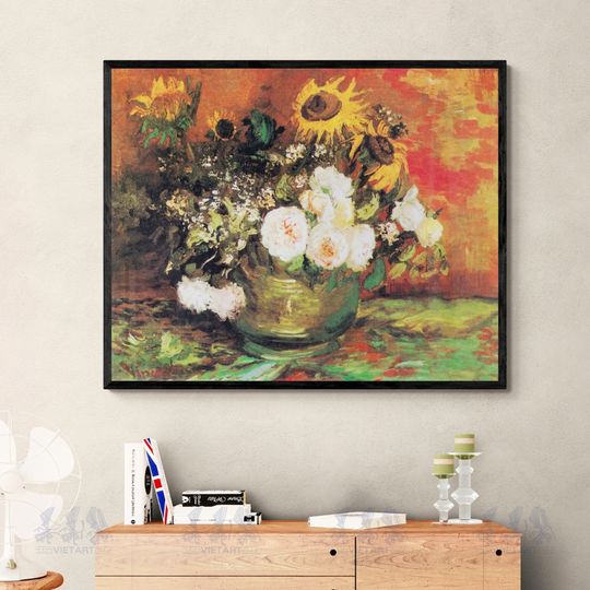 Tranh Canvas Van Gogh Bowl With Sunflowers Roses And Other Flowers (1886)