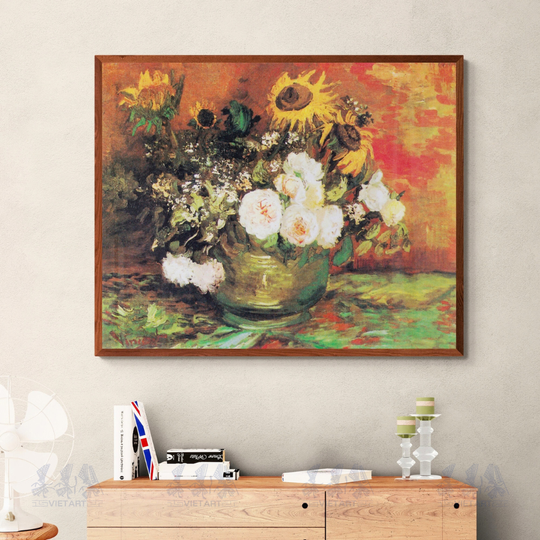 Tranh Canvas Van Gogh Bowl With Sunflowers Roses And Other Flowers (1886)