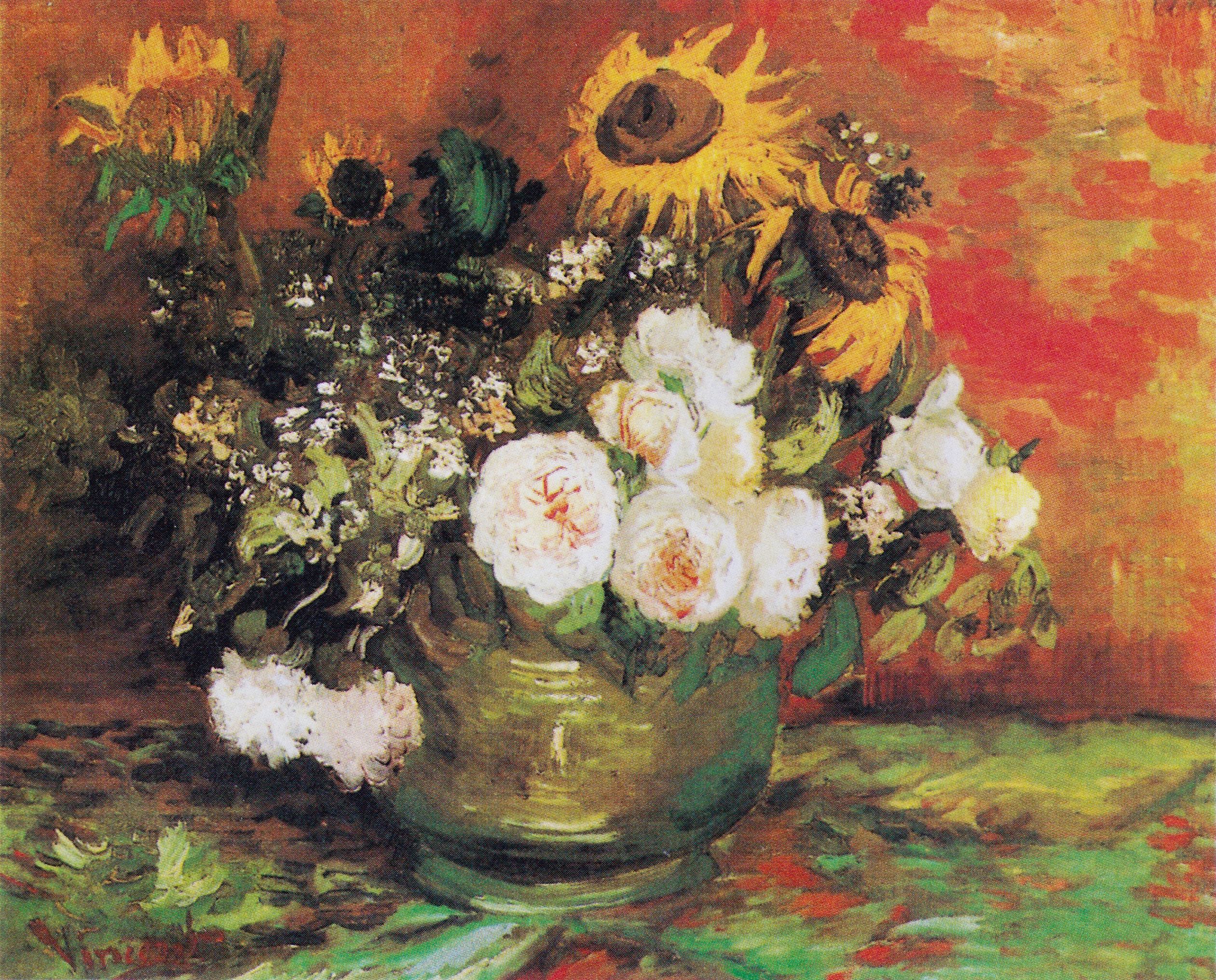 Tranh Canvas Van Gogh Bowl With Sunflowers Roses And Other Flowers (1886)
