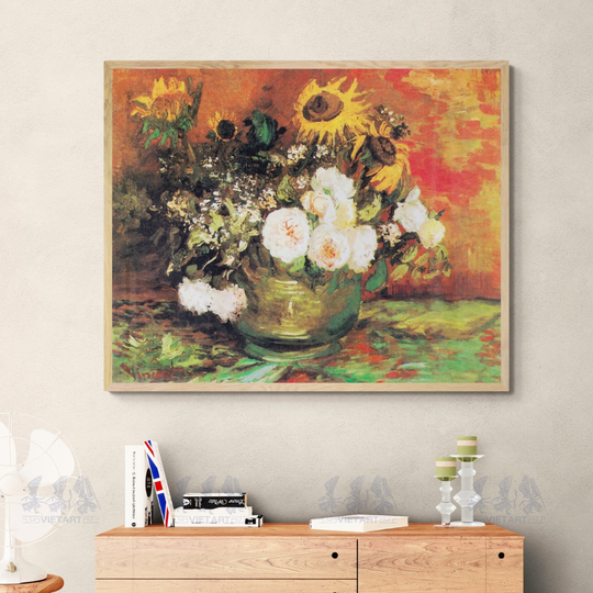 Tranh Canvas Van Gogh Bowl With Sunflowers Roses And Other Flowers (1886)