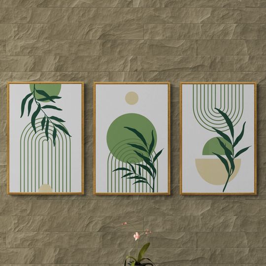 Combo 3 tranh canvas boho treo tường lá xanh 