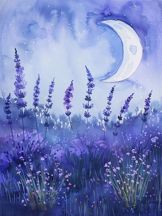 Tranh canvas phong cảnh hoa Iris bên ánh trăng