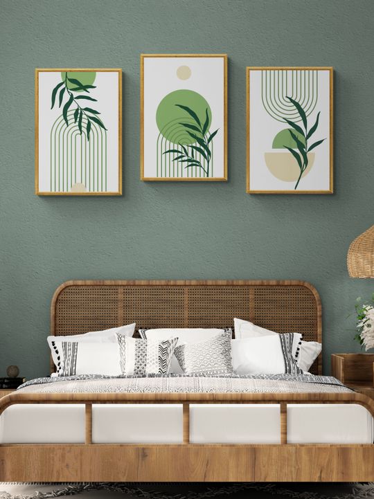 Combo 3 tranh canvas boho treo tường lá xanh 