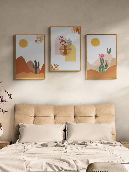 Combo 3 tranh canvas boho treo tường xương rồng trên núi