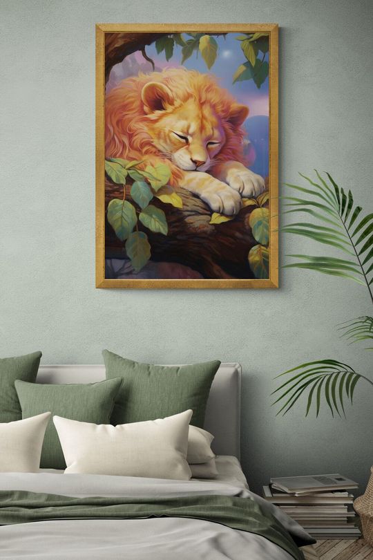 Tranh canvas con vật sư tử con dưới tán cây