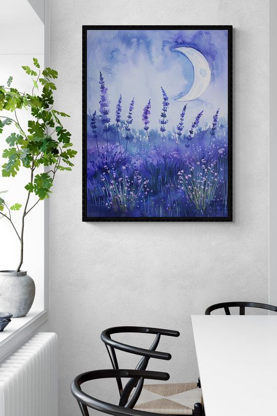 Tranh canvas phong cảnh hoa Iris bên ánh trăng