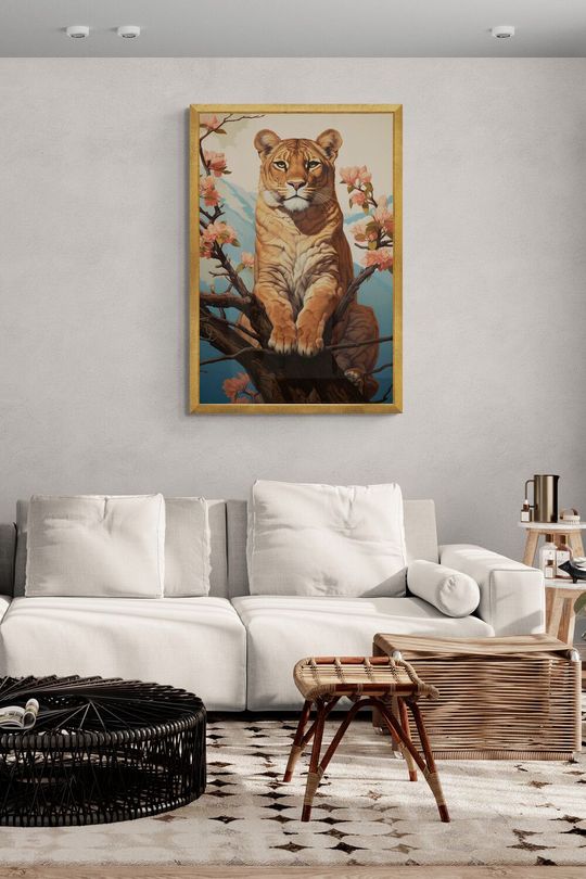Tranh canvas con vật hổ bên hoa