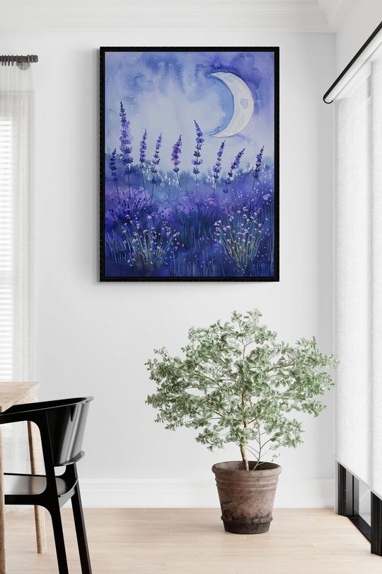 Tranh canvas phong cảnh hoa Iris bên ánh trăng