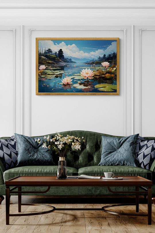 Tranh canvas phong cảnh hoa sen trên sông