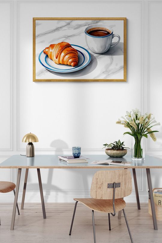 Tranh canvas trang trí quán cafe và chiếc bánh croissant