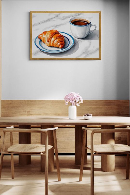 Tranh canvas trang trí quán cafe và chiếc bánh croissant