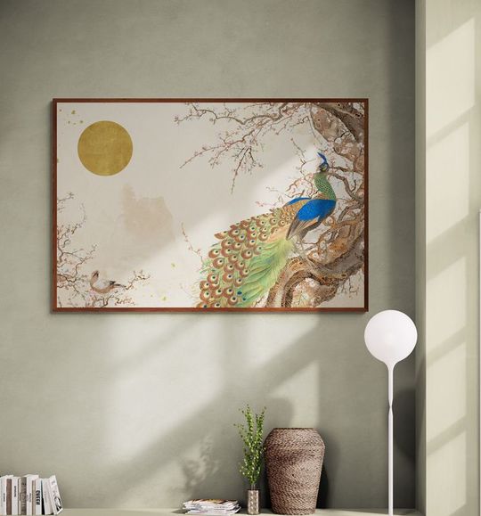 Tranh canvas phong cách Nhật Bản Chim Công và Mặt Trời
