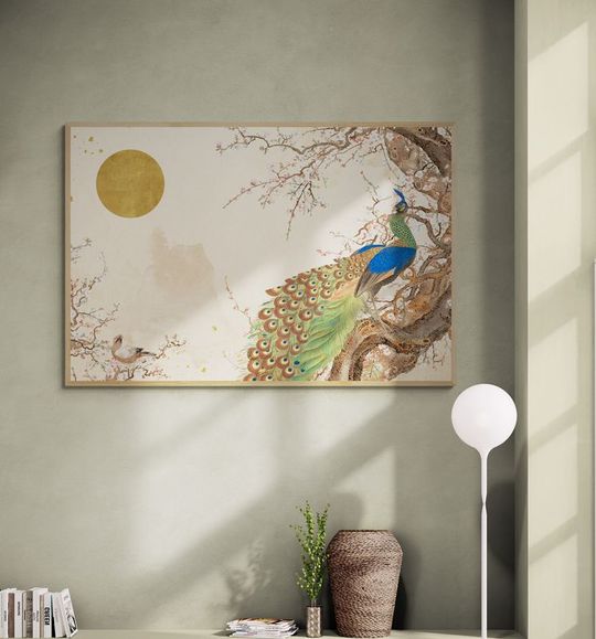 Tranh canvas phong cách Nhật Bản Chim Công và Mặt Trời