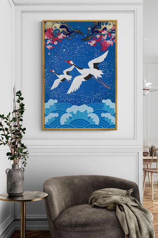 Tranh canvas Đương đại Chim Hạc Và Hoa Anh Đào