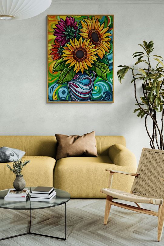 Tranh canvas tĩnh vật lọ hoa hướng dương