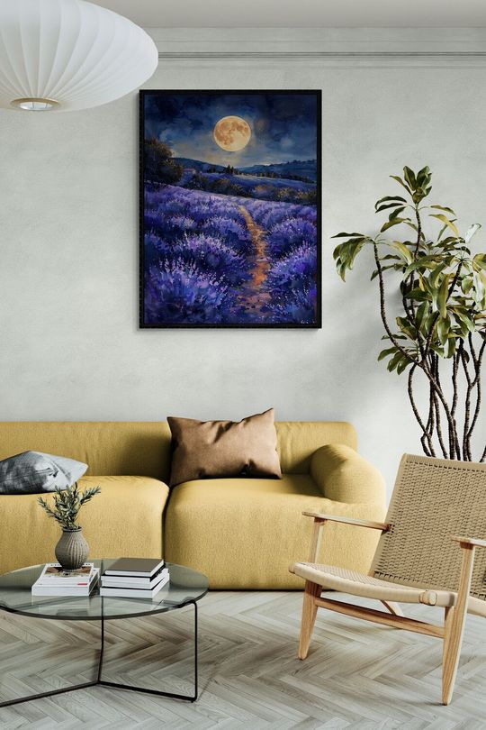 Tranh canvas phong cảnh vườn hoa Iris dưới ánh trăng
