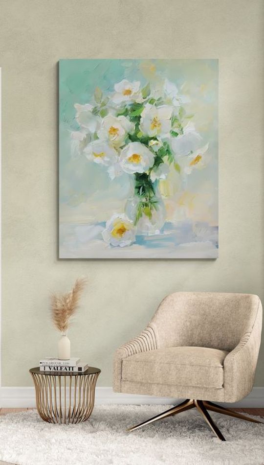 Tranh canvas tĩnh vật Lọ hoa hồng trắng