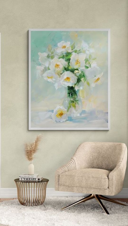 Tranh canvas tĩnh vật Lọ hoa hồng trắng