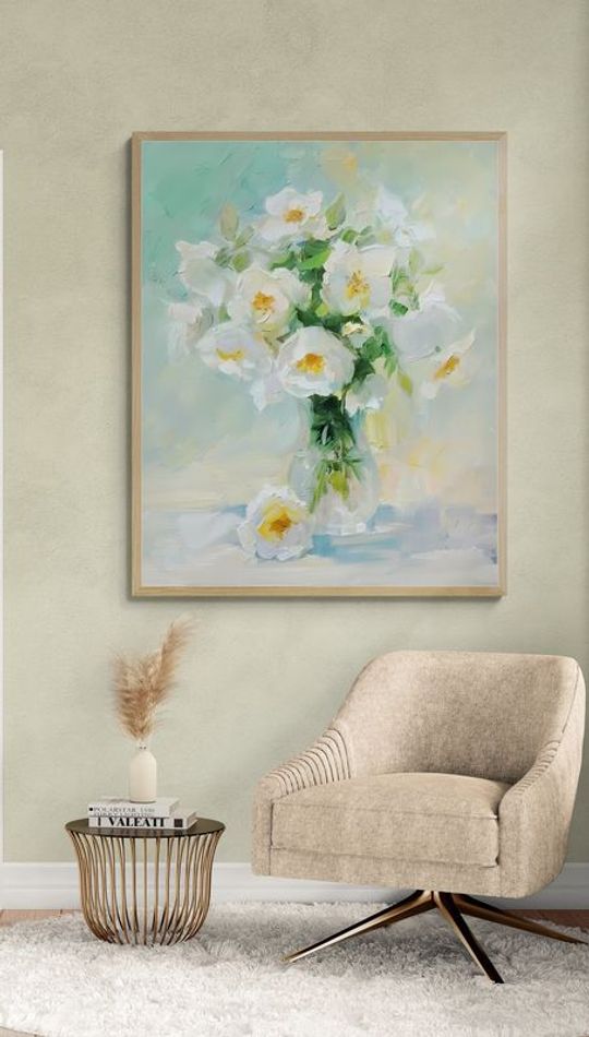 Tranh canvas tĩnh vật Lọ hoa hồng trắng