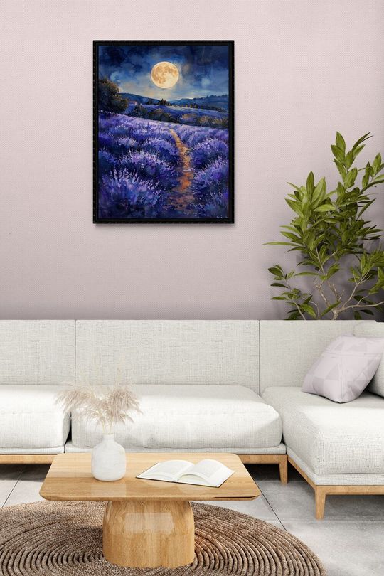Tranh canvas phong cảnh vườn hoa Iris dưới ánh trăng