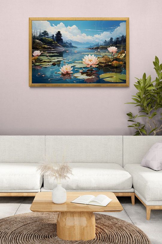 Tranh canvas phong cảnh hoa sen trên sông
