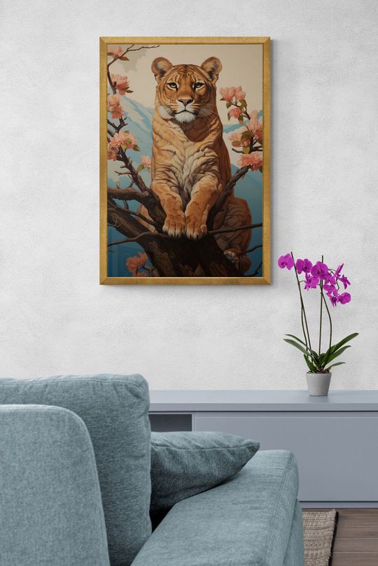 Tranh canvas con vật hổ bên hoa