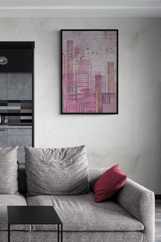 Tranh canvas trừu tượng thành phố hồng 3