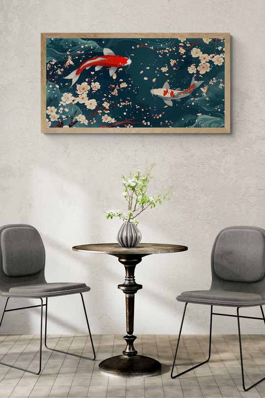 Tranh Canvas Phong Thủy Đôi Cá Chép Và Anh Đào