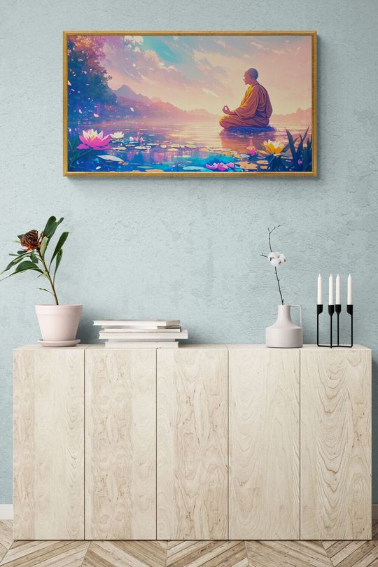 Tranh canvas tôn giáo Phật thiền bên suối 2