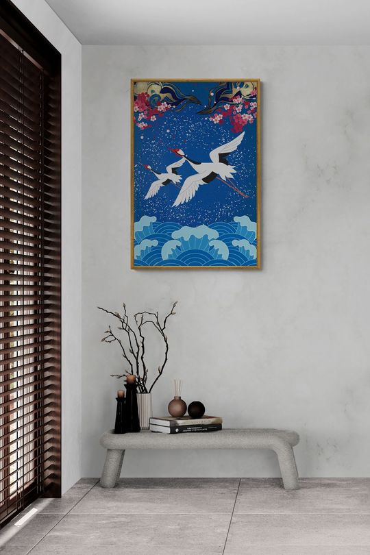 Tranh canvas Đương đại Chim Hạc Và Hoa Anh Đào