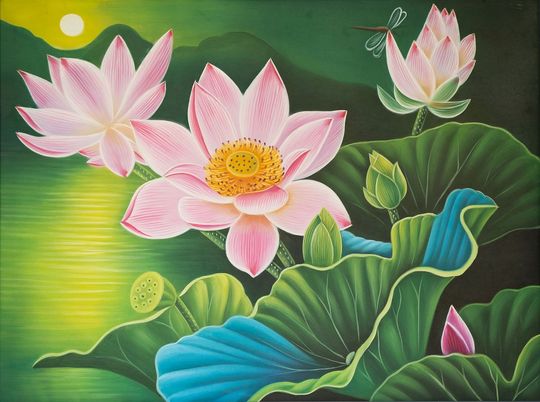 Tranh sơn dầu hoa sen trong đầm