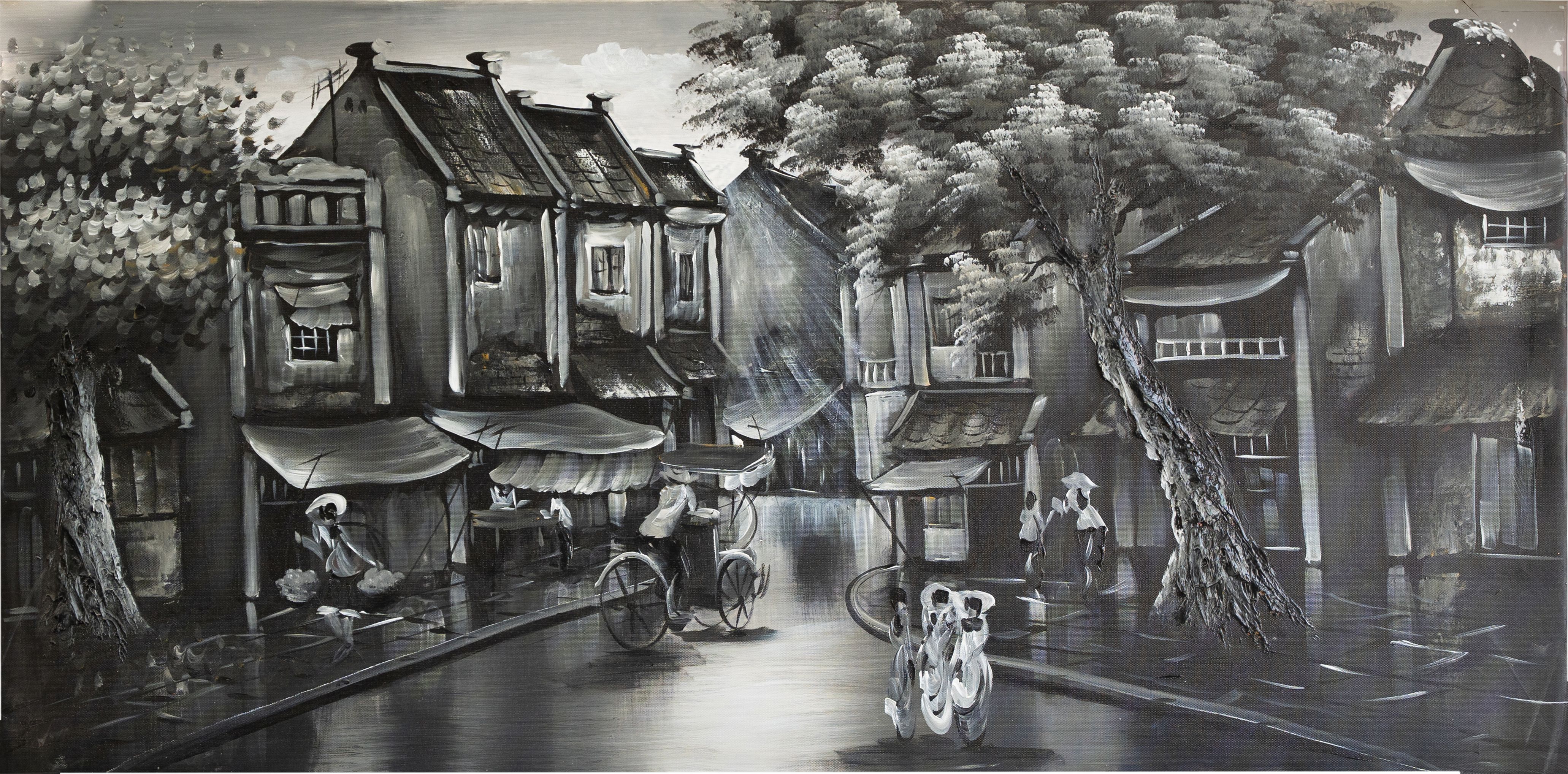 Tranh sơn dầu phố cổ Hà Nội trắng đen